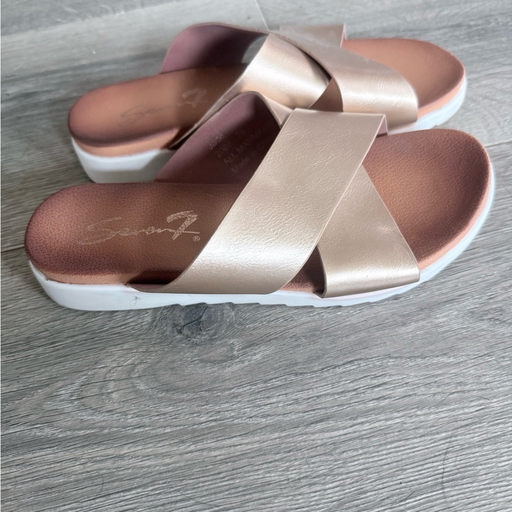Seven7 Women’s Rose Gold Slide Sandals - Comfortable Cross-Strap Slides